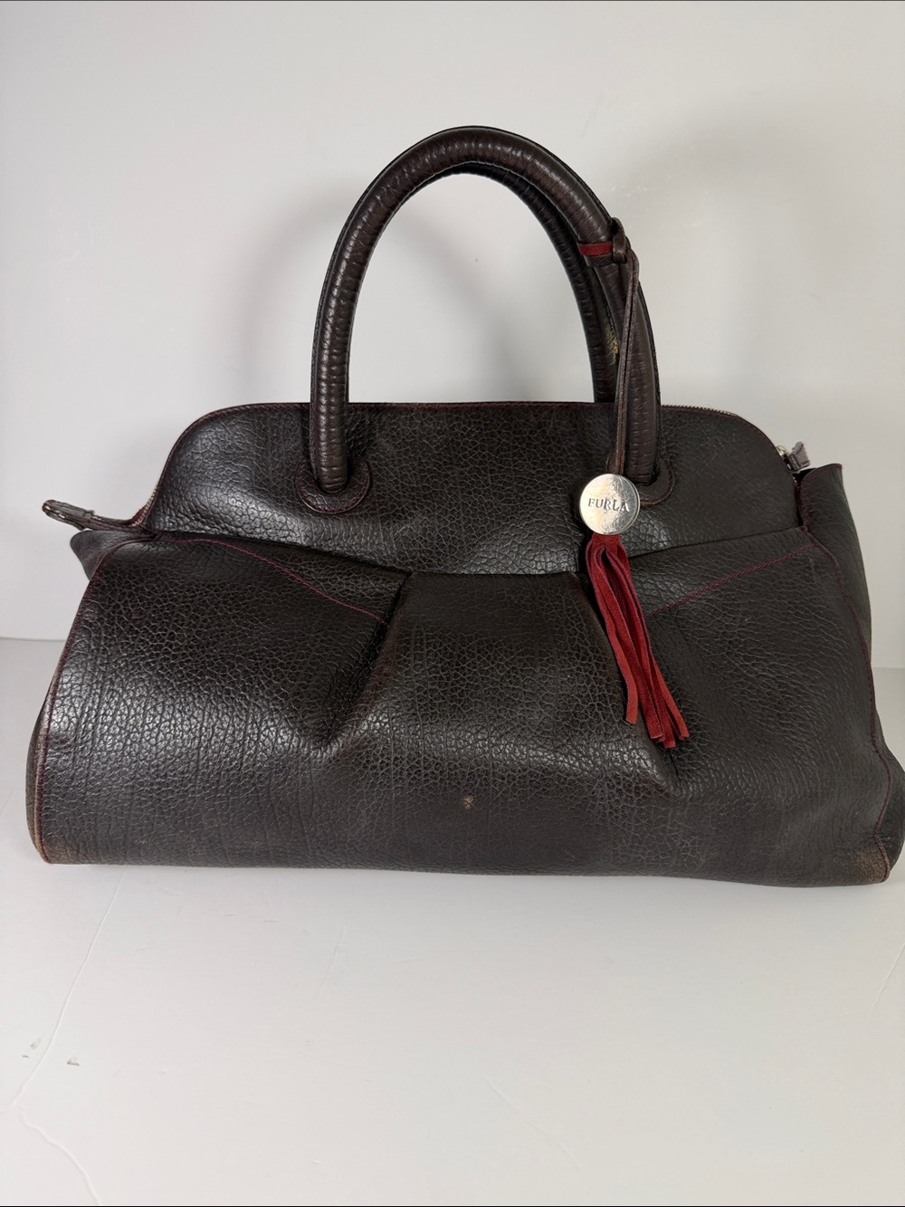 Furla Dark Brown Leather Satchel with Red Tassel